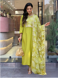 Thumbnail for Lyush Women Party Wear Embroidery Worked Kurta With Pant And Duppata Set - Lemon Yellow