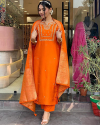 Thumbnail for Lyush Women Party Wear Embroidery Worked Kurta With Pant And Duppata Set - Orange