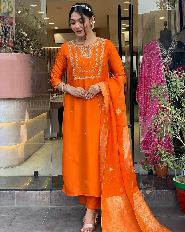 Lyush Women Party Wear Embroidery Worked Kurta With Pant And Duppata Set - Orange