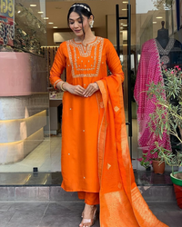 Thumbnail for Lyush Women Party Wear Embroidery Worked Kurta With Pant And Duppata Set - Orange