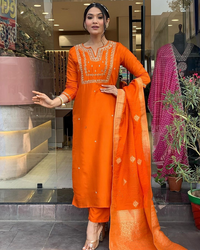 Thumbnail for Lyush Women Party Wear Embroidery Worked Kurta With Pant And Duppata Set - Orange