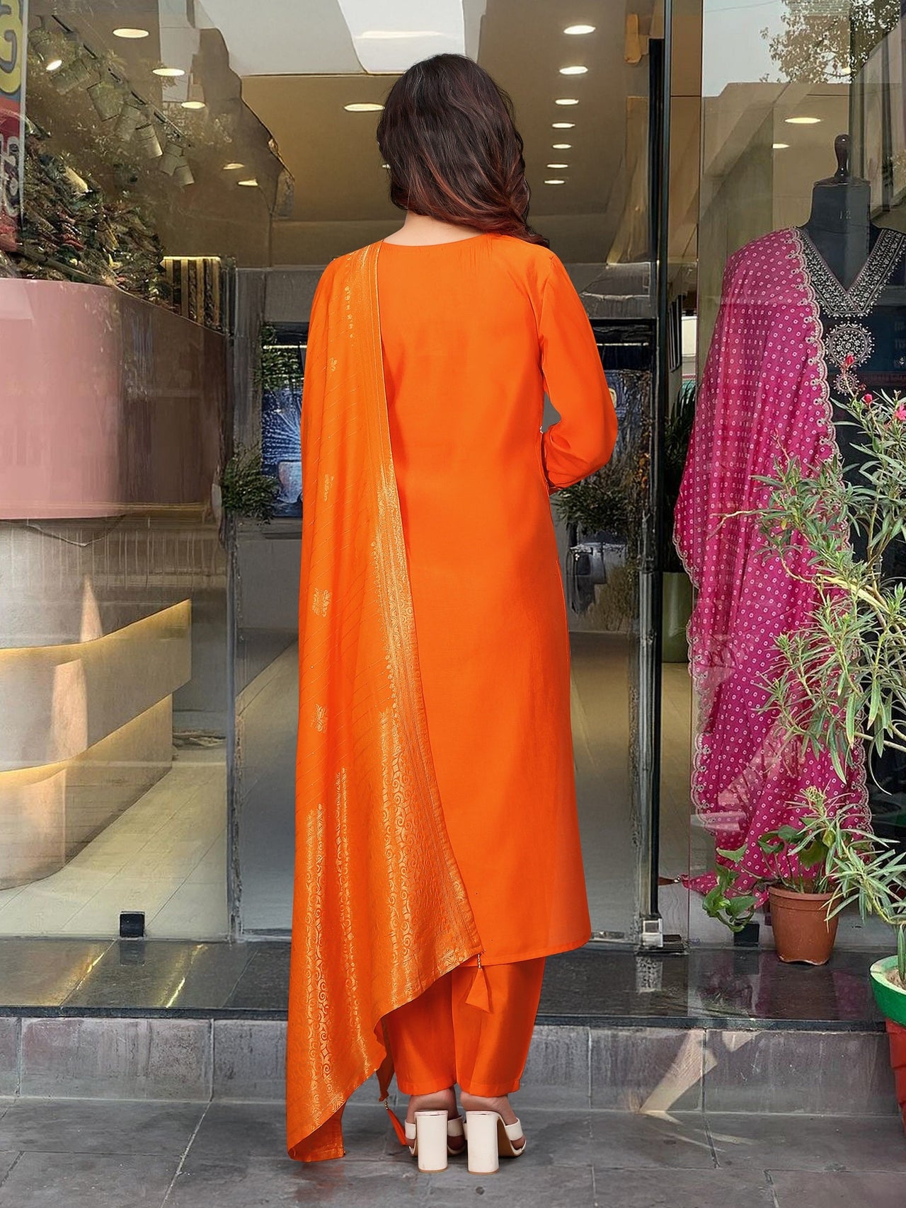 Lyush Women Party Wear Embroidery Worked Kurta With Pant And Duppata Set - Orange