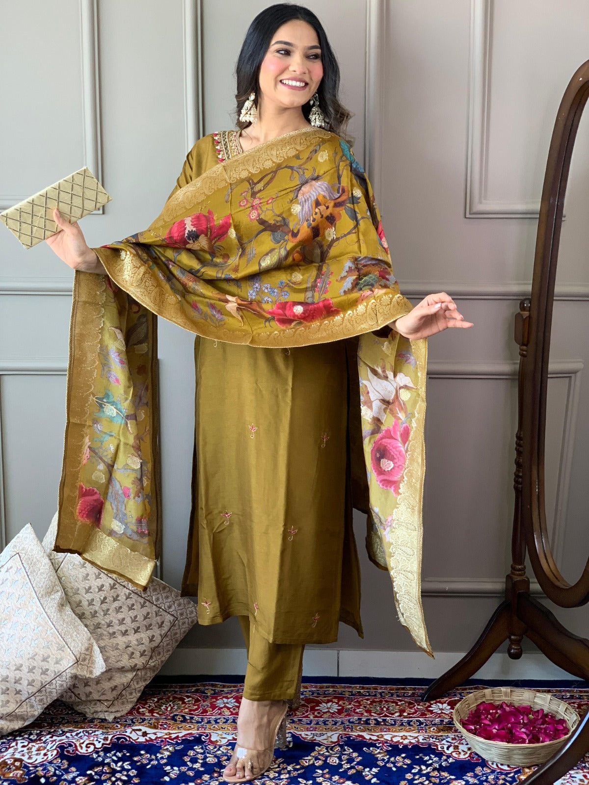 Lyush Women Party Wear Embroidery Worked Kurta With Pant And Dupatta Set - Mustard