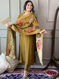 Thumbnail for Lyush Women Party Wear Embroidery Worked Kurta With Pant And Dupatta Set - Mustard