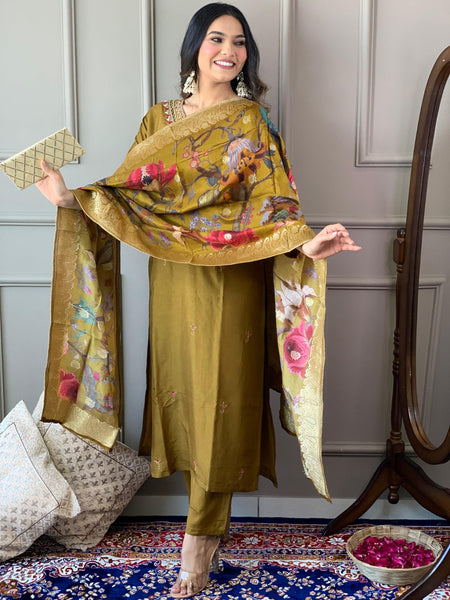Lyush Women Party Wear Embroidery Worked Kurta With Pant And Dupatta Set - Mustard