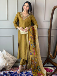 Thumbnail for Lyush Women Party Wear Embroidery Worked Kurta With Pant And Dupatta Set - Mustard