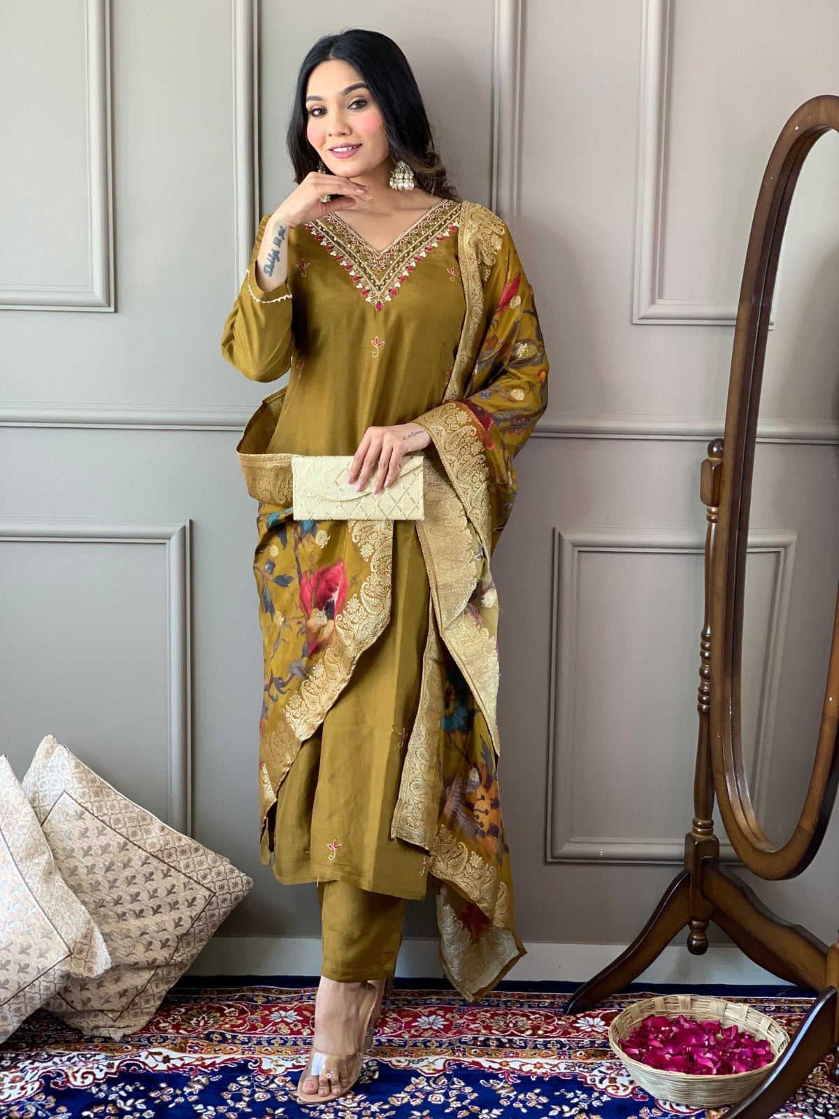 Lyush Women Party Wear Embroidery Worked Kurta With Pant And Dupatta Set - Mustard