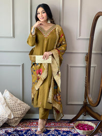 Thumbnail for Lyush Women Party Wear Embroidery Worked Kurta With Pant And Dupatta Set - Mustard