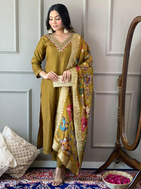 Thumbnail for Lyush Women Party Wear Embroidery Worked Kurta With Pant And Dupatta Set - Mustard