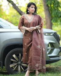 Thumbnail for Lyush Women Party Wear Embroidery Worked Kurta With Pant And Dupatta Set - Brown