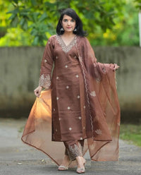 Thumbnail for Lyush Women Party Wear Embroidery Worked Kurta With Pant And Dupatta Set - Brown