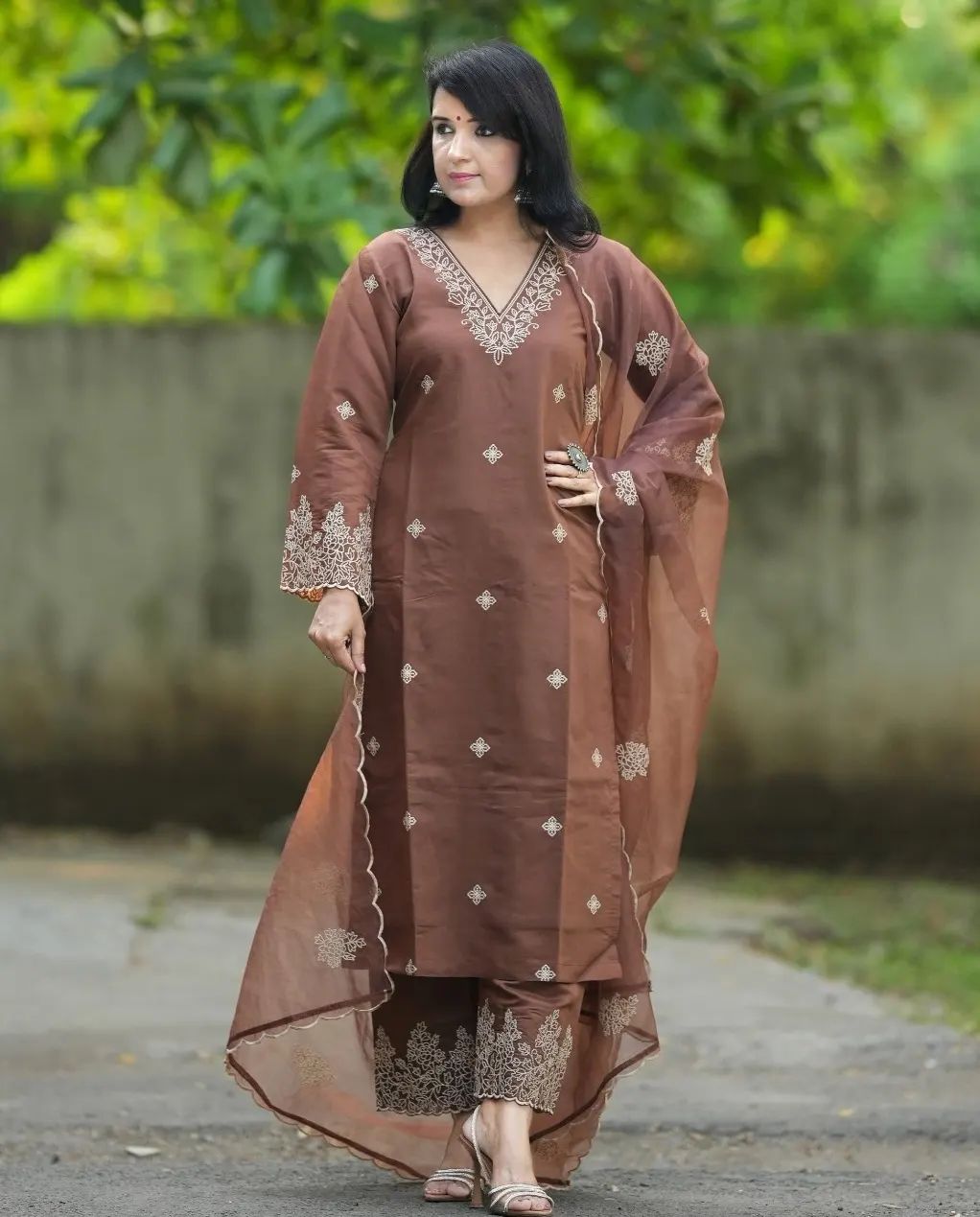 Lyush Women Party Wear Embroidery Worked Kurta With Pant And Dupatta Set - Brown