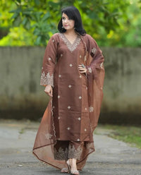 Thumbnail for Lyush Women Party Wear Embroidery Worked Kurta With Pant And Dupatta Set - Brown