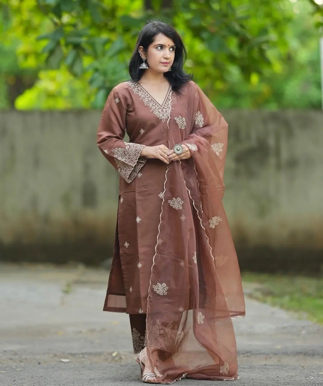 Lyush Women Party Wear Embroidery Worked Kurta With Pant And Dupatta Set - Brown