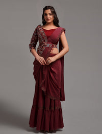 Thumbnail for NOZ2TOZ Women Wedding Wear Ready to Wear Georgette Saree with Stitched Blouse(Free Size-Up to 42) - Maroon