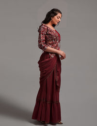 Thumbnail for NOZ2TOZ Women Wedding Wear Ready to Wear Georgette Saree with Stitched Blouse(Free Size-Up to 42) - Maroon