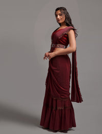 Thumbnail for NOZ2TOZ Women Wedding Wear Ready to Wear Georgette Saree with Stitched Blouse(Free Size-Up to 42) - Maroon
