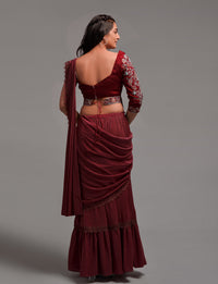 Thumbnail for NOZ2TOZ Women Wedding Wear Ready to Wear Georgette Saree with Stitched Blouse(Free Size-Up to 42) - Maroon