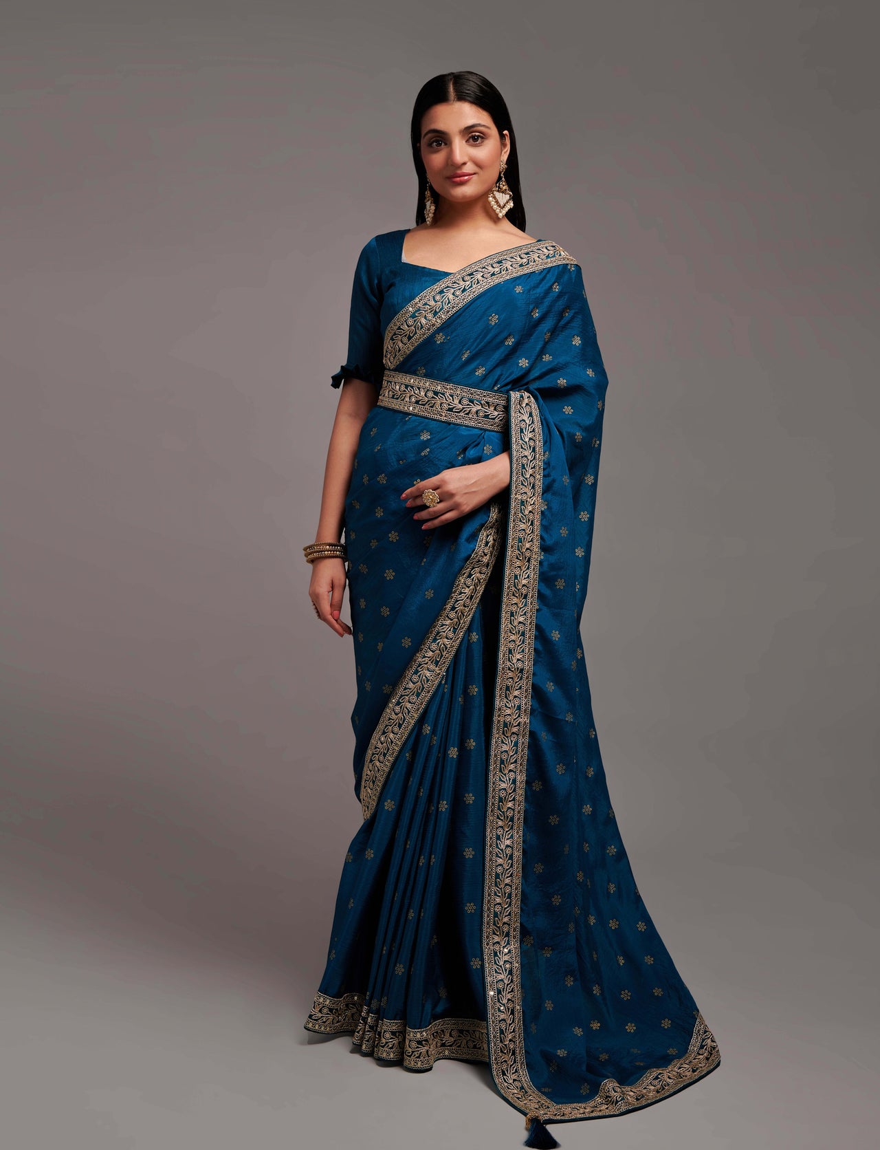 NOZ2TOZ Women Party Wear Premium Chinon Silk Saree with Unstitched Blouse - Petrol