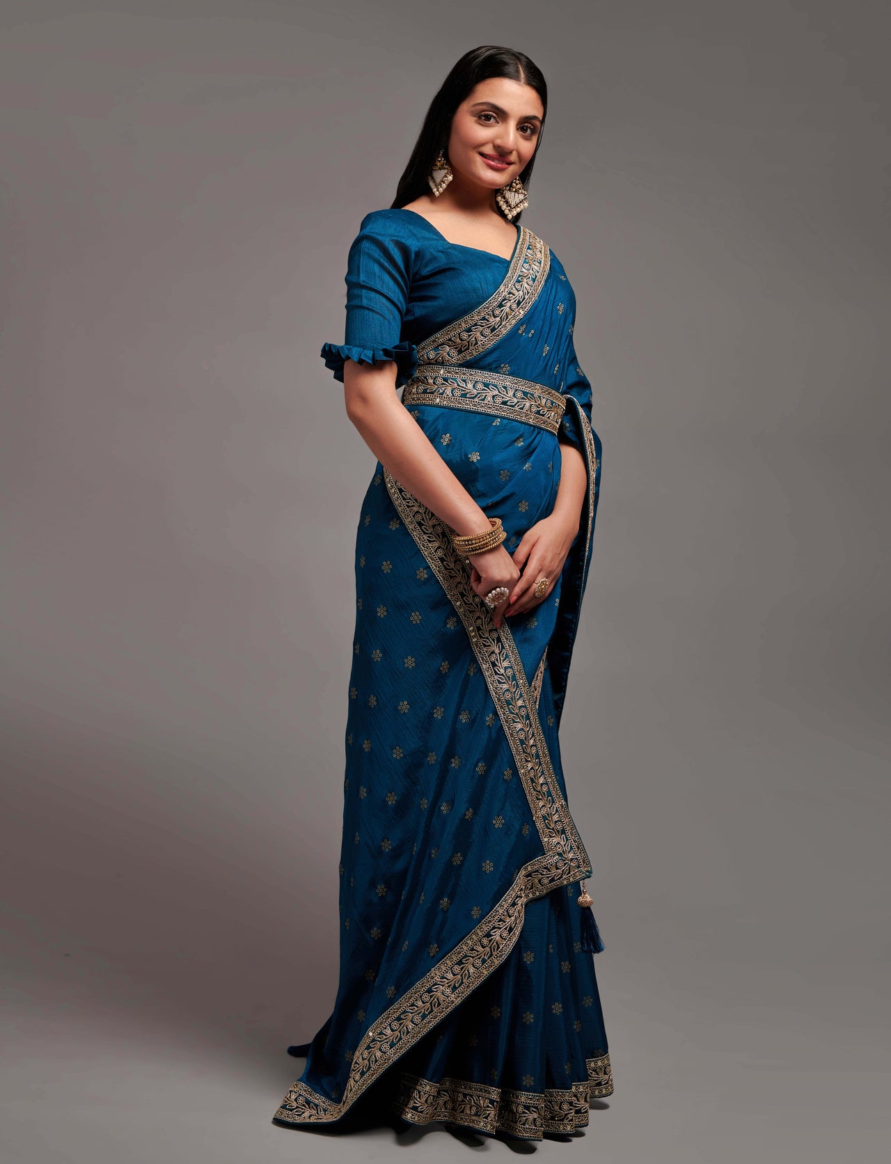 NOZ2TOZ Women Party Wear Premium Chinon Silk Saree with Unstitched Blouse - Petrol