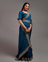 Thumbnail for NOZ2TOZ Women Party Wear Premium Chinon Silk Saree with Unstitched Blouse - Petrol