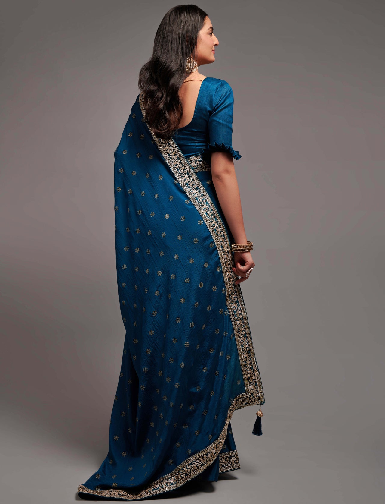 NOZ2TOZ Women Party Wear Premium Chinon Silk Saree with Unstitched Blouse - Petrol