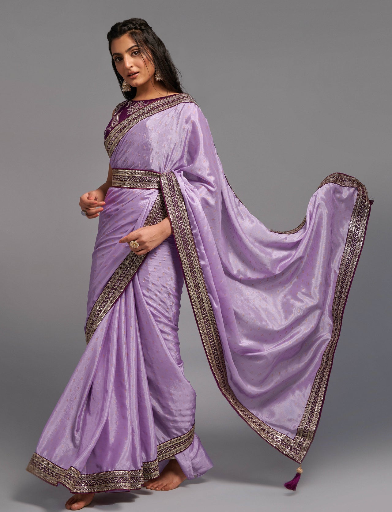NOZ2TOZ Women Party Wear Premium Chinon Silk Saree with Unstitched Blouse - Onion