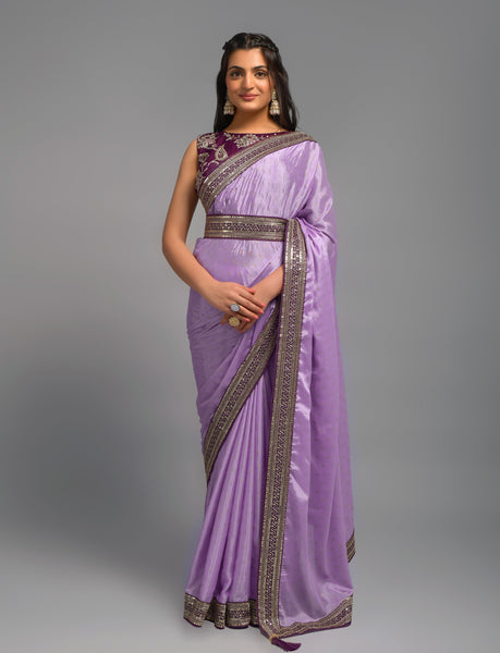 NOZ2TOZ Women Party Wear Premium Chinon Silk Saree with Unstitched Blouse - Onion
