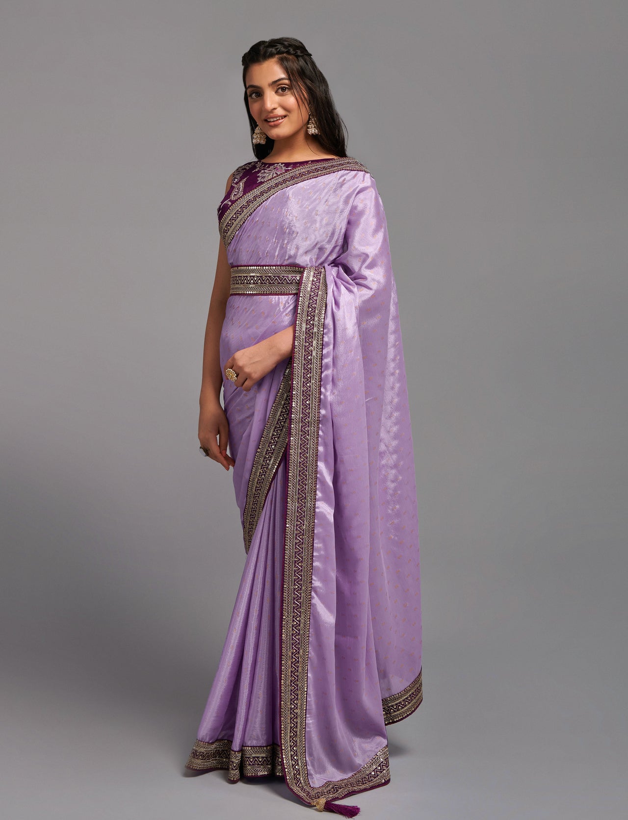 NOZ2TOZ Women Party Wear Premium Chinon Silk Saree with Unstitched Blouse - Onion