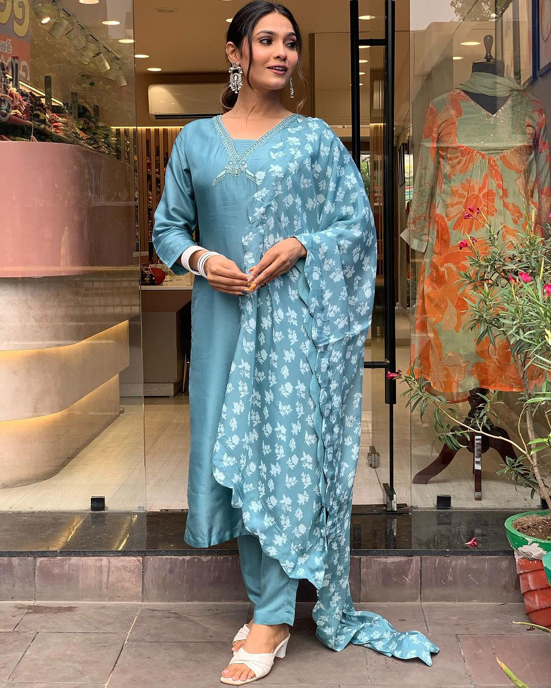NOZ2TOZ Women Party Wear Embroidery Worked Kurta With Pant And Dupatta Set - Sky Blue