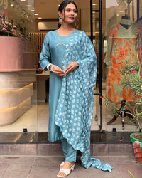 Thumbnail for NOZ2TOZ Women Party Wear Embroidery Worked Kurta With Pant And Dupatta Set - Sky Blue