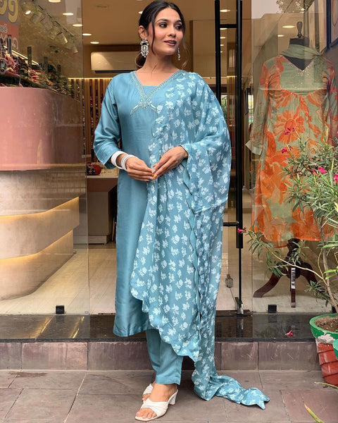 NOZ2TOZ Women Party Wear Embroidery Worked Kurta With Pant And Dupatta Set - Sky Blue