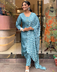 Thumbnail for NOZ2TOZ Women Party Wear Embroidery Worked Kurta With Pant And Dupatta Set - Sky Blue