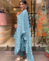Thumbnail for NOZ2TOZ Women Party Wear Embroidery Worked Kurta With Pant And Dupatta Set - Sky Blue