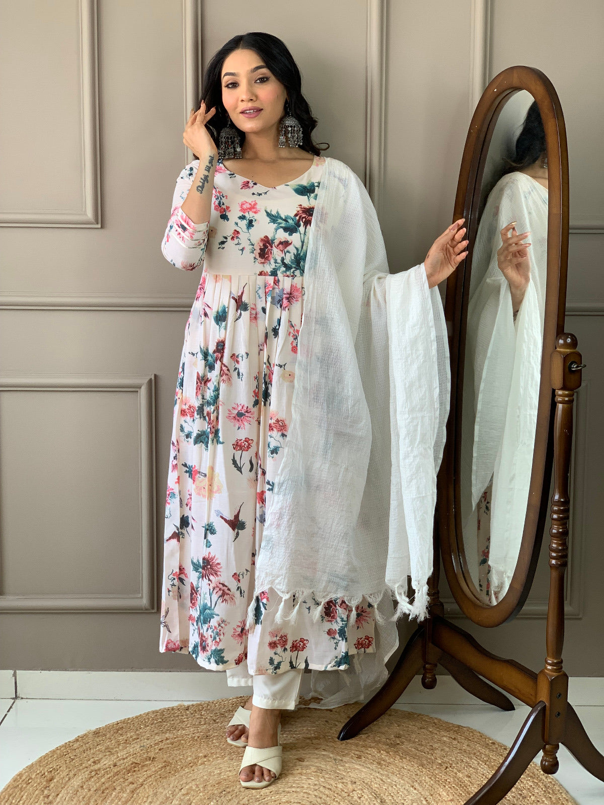 NOZ2TOZ Women Party Wear Printed Kurta With Pant And Dupatta Set - Off White