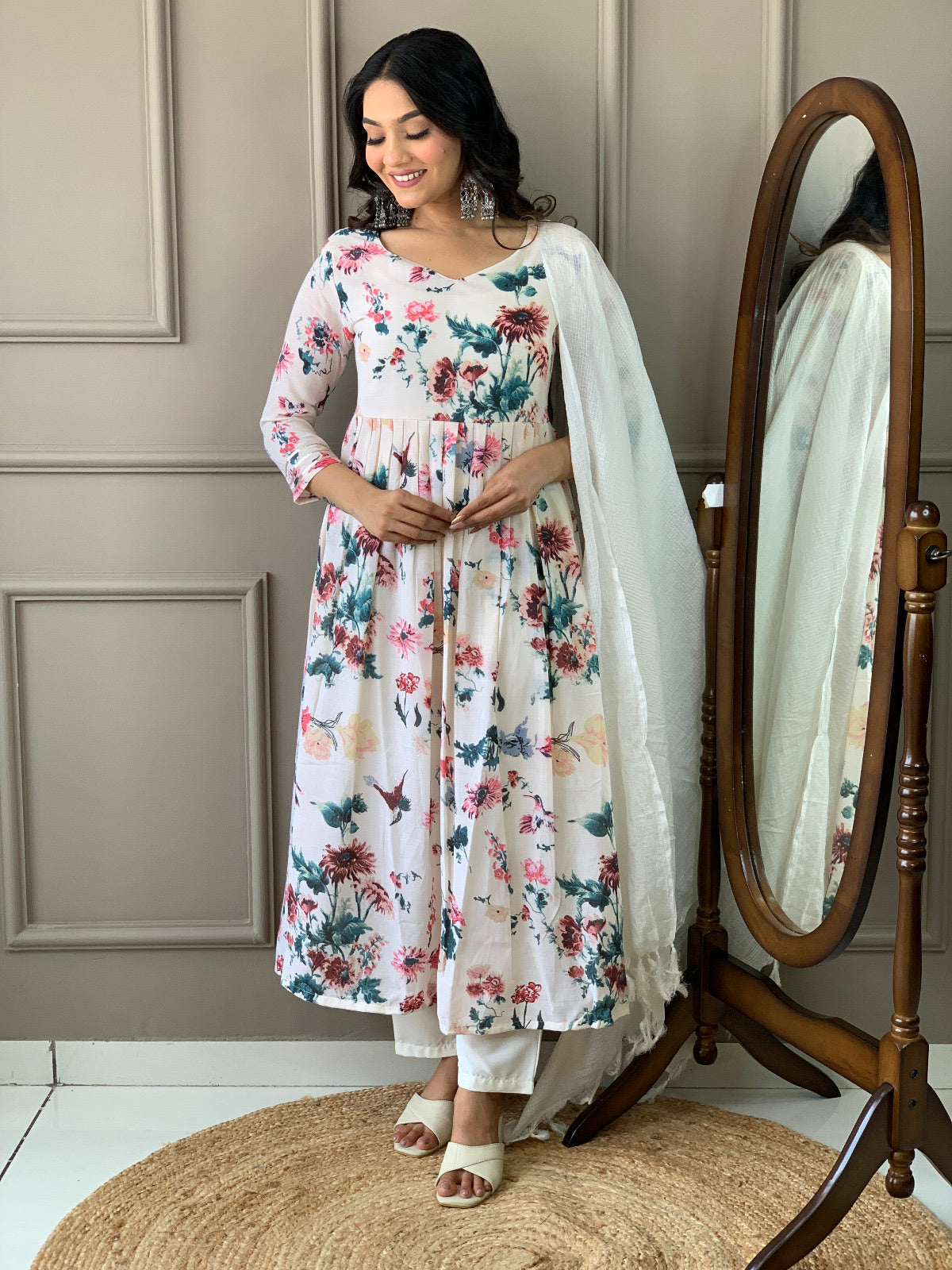 NOZ2TOZ Women Party Wear Printed Kurta With Pant And Dupatta Set - Off White