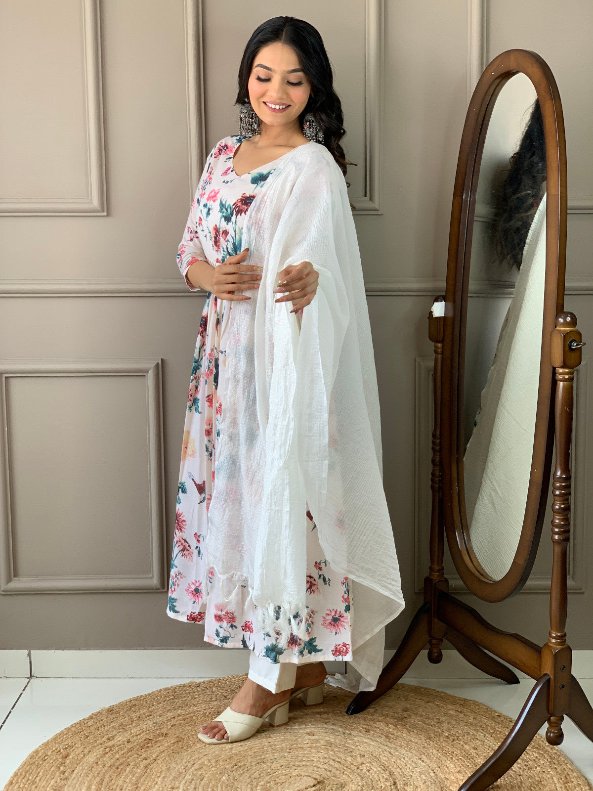 NOZ2TOZ Women Party Wear Printed Kurta With Pant And Dupatta Set - Off White