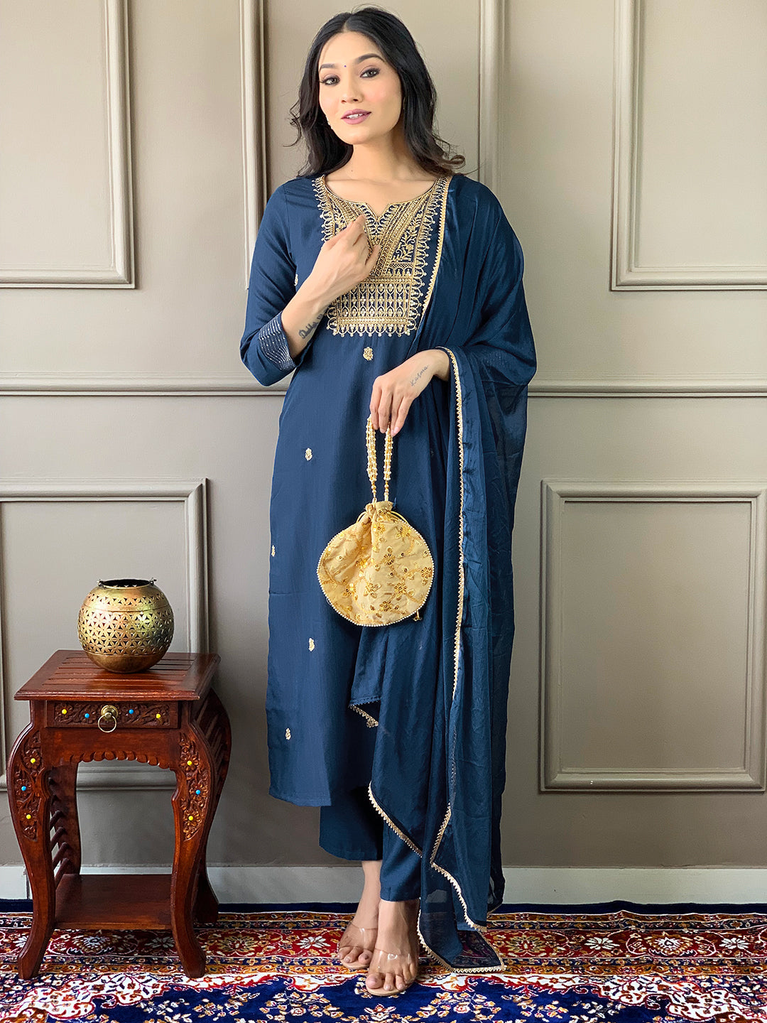 NOZ2TOZ Women Party Wear Embroidery Worked Kurta With Pant And Dupatta Set - Blue