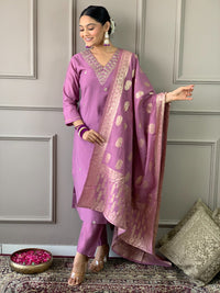 Thumbnail for Lyush Women Party Wear Embroidery Worked Kurta With Pant And Dupatta Set - Lavender