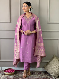 Thumbnail for Lyush Women Party Wear Embroidery Worked Kurta With Pant And Dupatta Set - Lavender