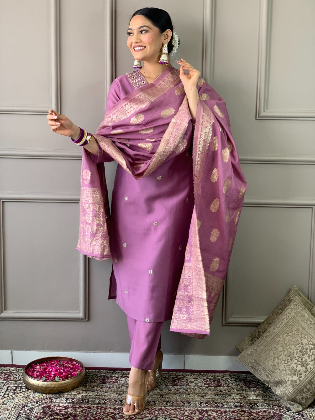 Lyush Women Party Wear Embroidery Worked Kurta With Pant And Dupatta Set - Lavender