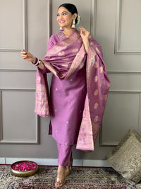 Thumbnail for Lyush Women Party Wear Embroidery Worked Kurta With Pant And Dupatta Set - Lavender