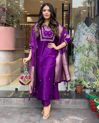 Thumbnail for NOZ2TOZ Women Party Wear Embroidery Worked Kurta With Pant And Dupatta Set - Purple