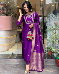 Thumbnail for NOZ2TOZ Women Party Wear Embroidery Worked Kurta With Pant And Dupatta Set - Purple