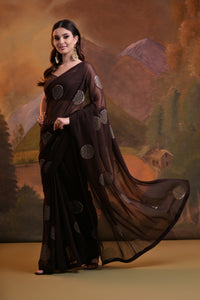 Thumbnail for NOZ2TOZ Women Party Wear Sequence Worked Georgette Saree with Unstitched Blouse - Coffee