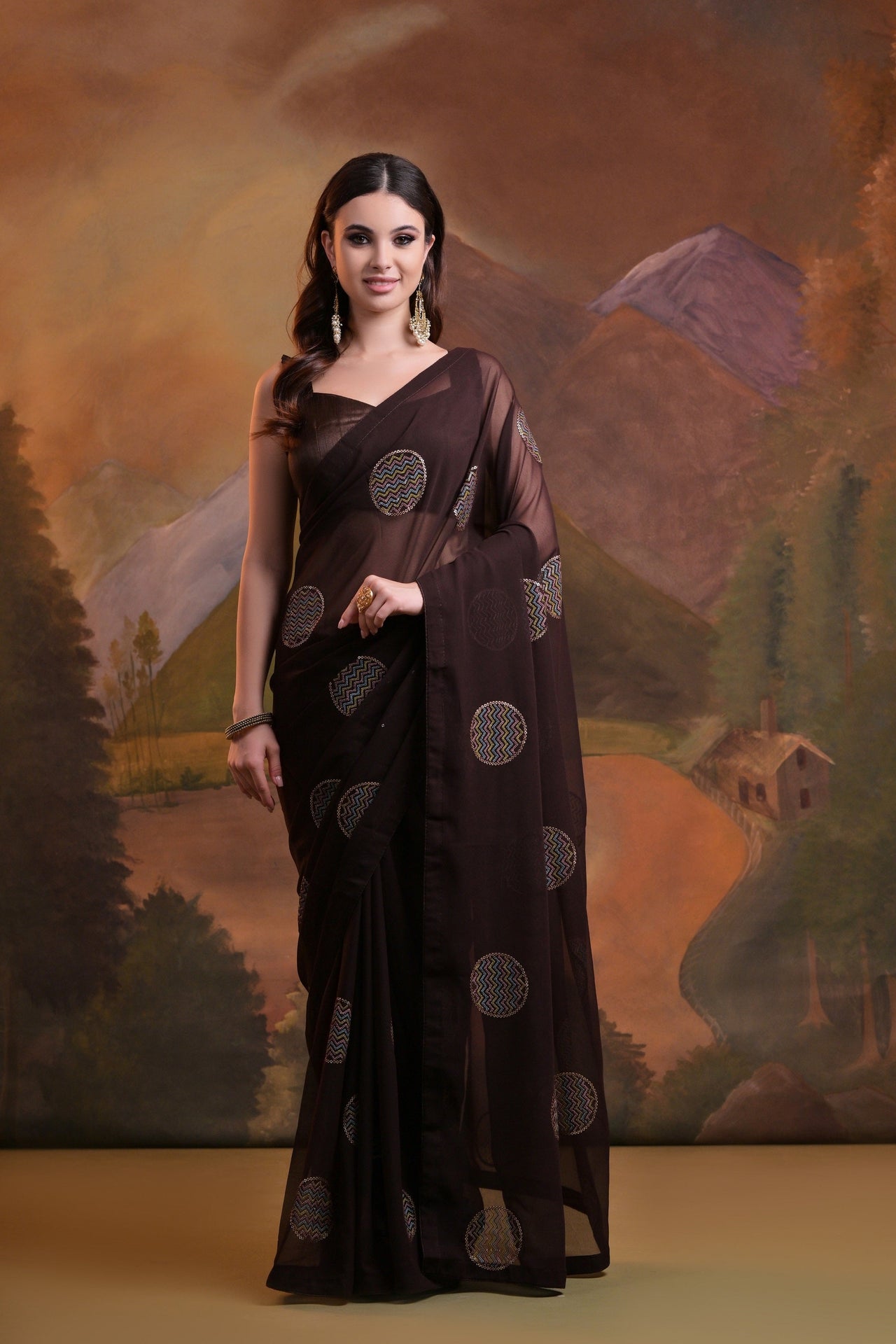 NOZ2TOZ Women Party Wear Sequence Worked Georgette Saree with Unstitched Blouse - Coffee