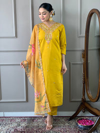 Thumbnail for NOZ2TOZ Women Party Wear Embroidery Worked Kurta With Pant And Dupatta Set - Mustard