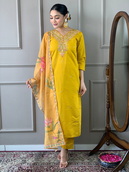 NOZ2TOZ Women Party Wear Embroidery Worked Kurta With Pant And Dupatta Set - Mustard