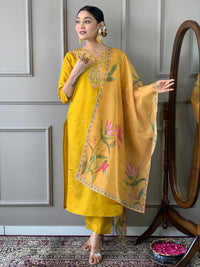 Thumbnail for NOZ2TOZ Women Party Wear Embroidery Worked Kurta With Pant And Dupatta Set - Mustard