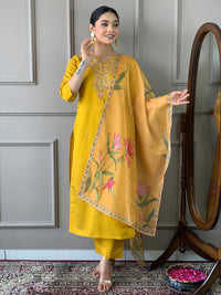 Thumbnail for NOZ2TOZ Women Party Wear Embroidery Worked Kurta With Pant And Dupatta Set - Mustard